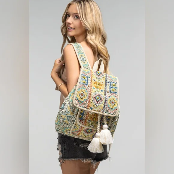 Boho Chic Backpack - Ethnic Inspired Pattern - Hand Beaded Accents - Fine Cotton - Picture 4 of 16